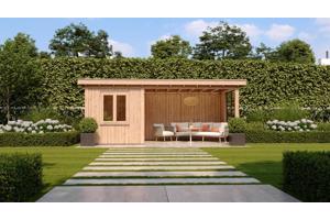 MAATWERK TUINHUIZEN, blokhutten en bijgebouwen.