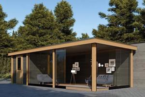MAATWERK TUINHUIZEN, blokhutten en bijgebouwen.