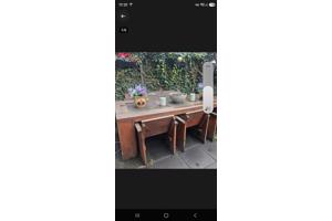 Tuinset tafel bank  3 stoelen kussens.,Steigerhout