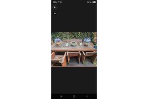 Tuinset tafel bank  3 stoelen kussens.,Steigerhout