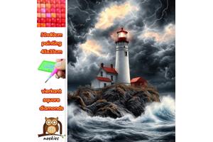 50x40cm Diamond Painting vuurtoren in storm (vierkant) nr 16