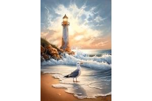 50x40cm Diamond Painting vuurtoren zee (rond) nr 74