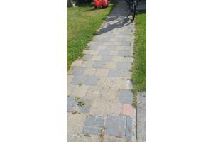 Gele en lichtblauwe tuinbestrating