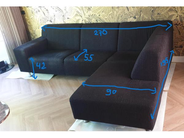 Hoekbank met divan, 3,5 zits, zwart