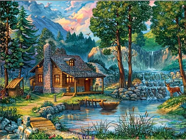 50x40cm Diamond Painting Houten boshuisje (vierkant) nr 45