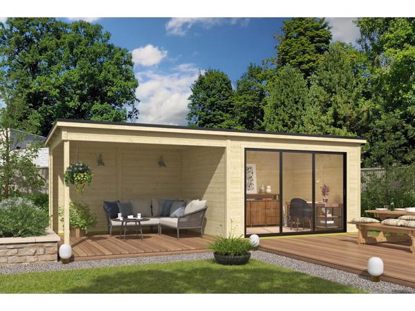 Blokhut met overkapping Pernilla 385x295 + Aanbouw onbehande