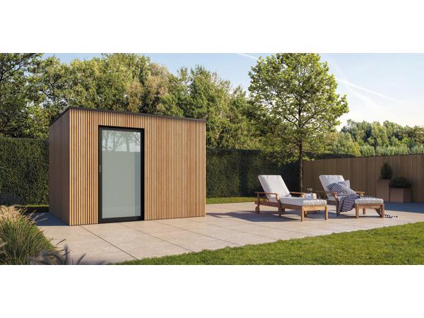 Strak tuinhuis Box-Thermo Wood in diverse standaard maten