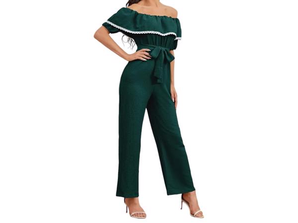 Offshoulder jumpsuit donkergroen XL