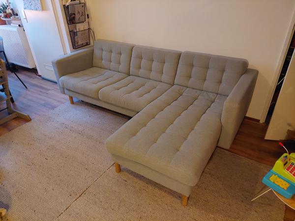 IKEA Landskrona 3-zitsbank, chaise longue/Gunnared lichtgroen/hout