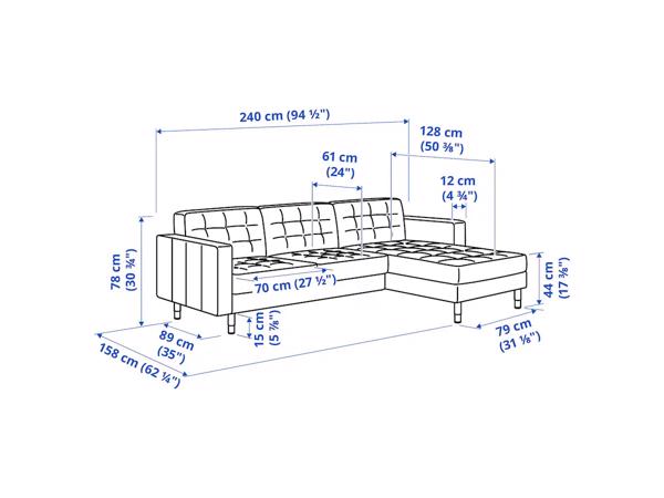 IKEA Landskrona 3-zitsbank, chaise longue/Gunnared lichtgroen/hout