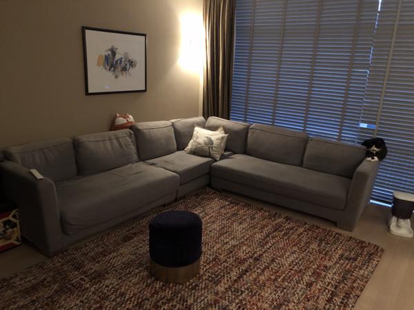 Gratis Design hoekbank 6 pers blauw/bruin gebruikt