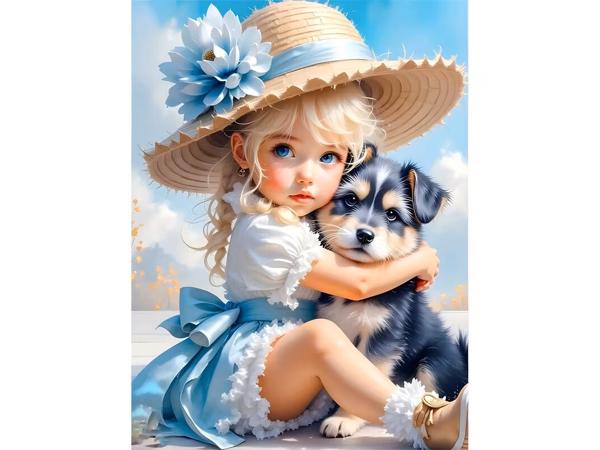 50x40cm Diamond painting meisje met hondje (vierkant) nr 39