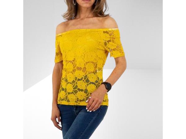 Whoa off shoulder top kant okergeel M/L 38/40