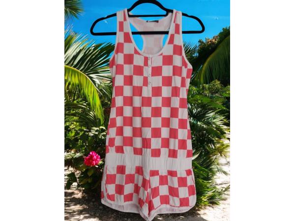 Playsuit roze wit geblokt M