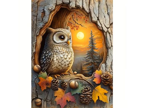 nr 49 Diamond Painting Uil in boom 50x40cm (vierkant)