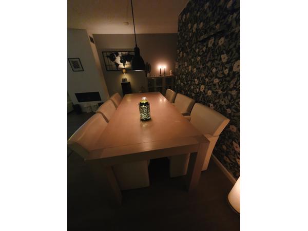 Grote eettafel met leren stoelen