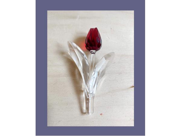 Swarovski rode + blauwe tulp + staander met echtheids-logo