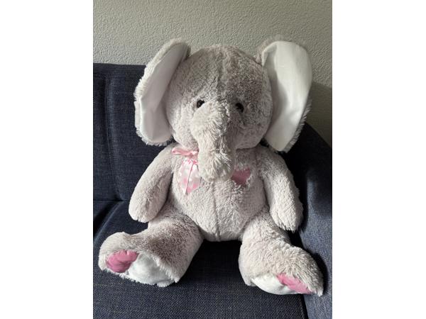 Grote knuffel olifant grijs met wit roze accenten
