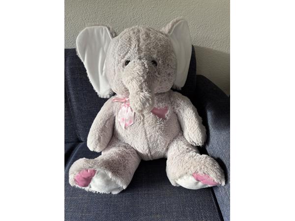 Grote knuffel olifant grijs met wit roze accenten