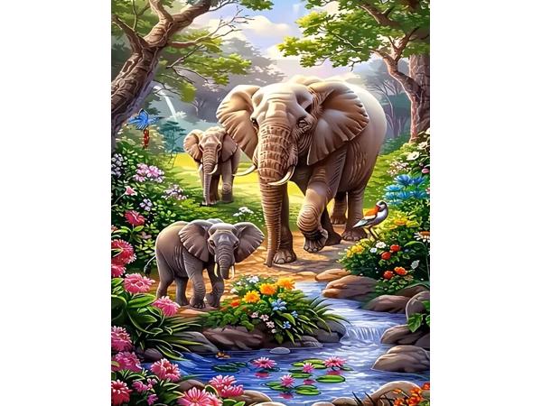 50x40cm Diamond Painting Olifant meerkleurig (rond) nr 80