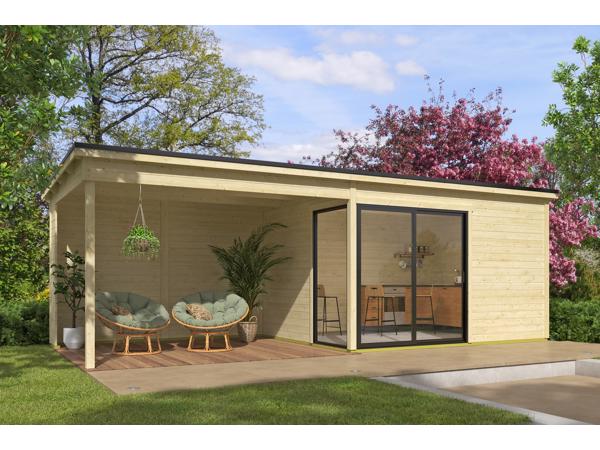 Blokhut met overkapping Olivia 385x295 + Aanbouw onbehandeld