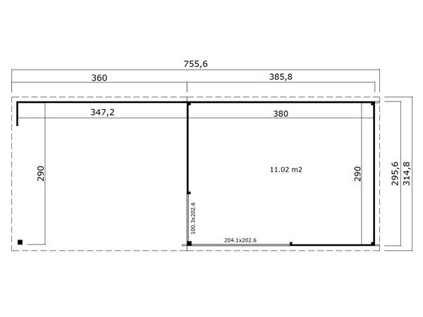Blokhut met overkapping Olivia 385x295 + Aanbouw onbehandeld