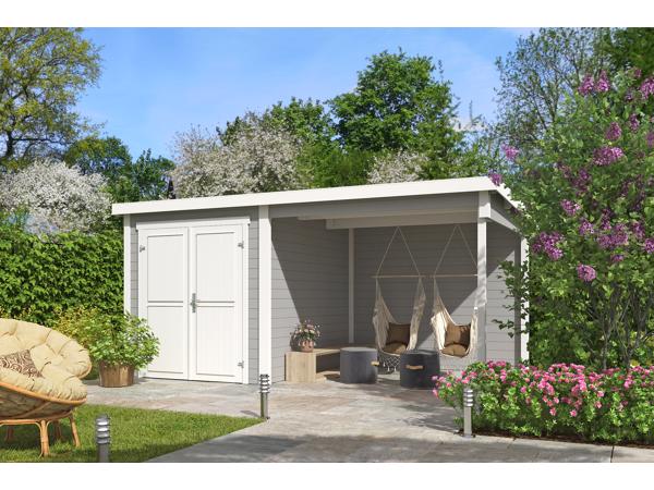 Blokhut met overkapping Finn 450x250 onbehandeld vuren