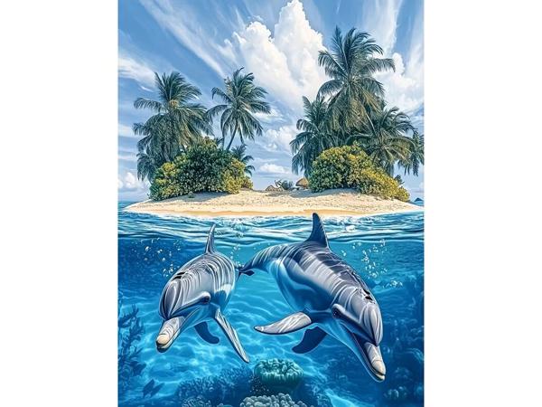 nr 4 Diamond Painting eiland dolfijnen 50x40cm (vierkant)
