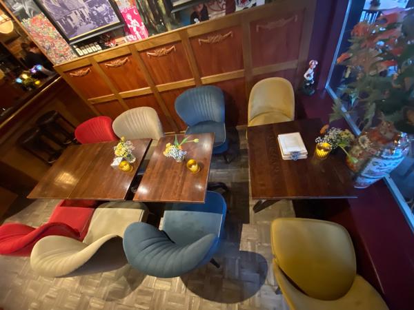 4 Velvet zitstoelen blauw & geel