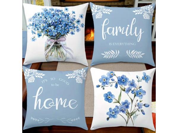 Set van 4 kussenhoezen lichtblauwe flowers met tekst 45x45cm