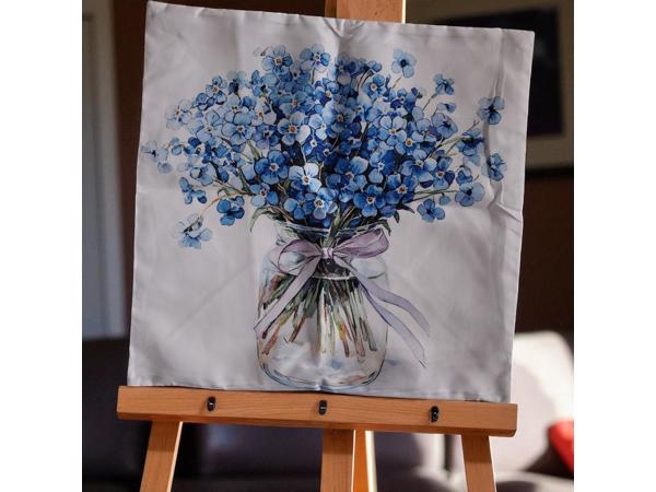 Set van 4 kussenhoezen lichtblauwe flowers met tekst 45x45cm