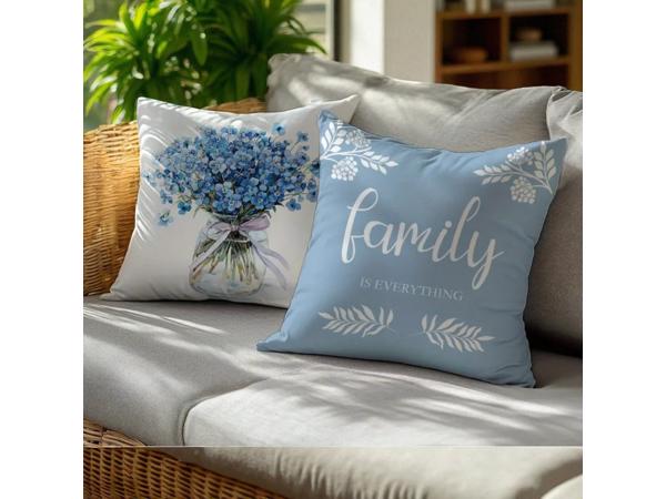 Set van 4 kussenhoezen lichtblauwe flowers met tekst 45x45cm