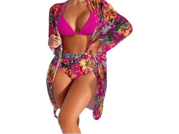 3 delig Bikini set roze bloemen XL