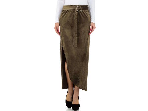 JCL lange velourse rok met split khaki bruin S/M