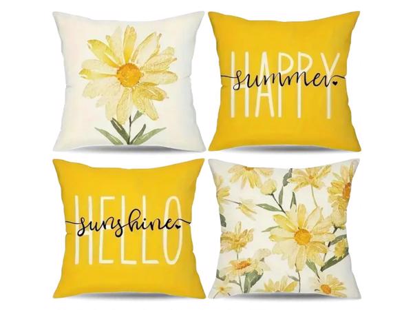 Set van 4 kussenhoezen mosterdgeel bloem en tekst 40x40cm