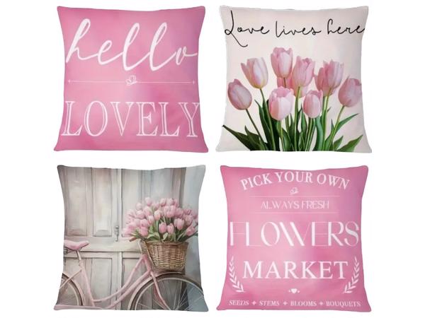 Set van 4 kussenhoezen tulp en fiets lichtroze groen 45x45cm
