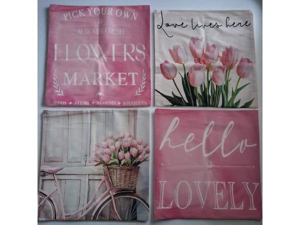 Set van 4 kussenhoezen tulp en fiets lichtroze groen 45x45cm