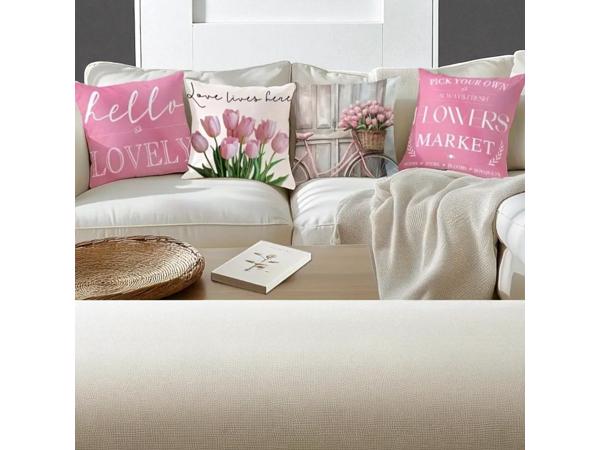 Set van 4 kussenhoezen tulp en fiets lichtroze groen 45x45cm