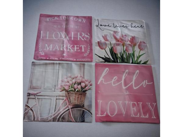 Set van 4 kussenhoezen tulp en fiets lichtroze groen 45x45cm