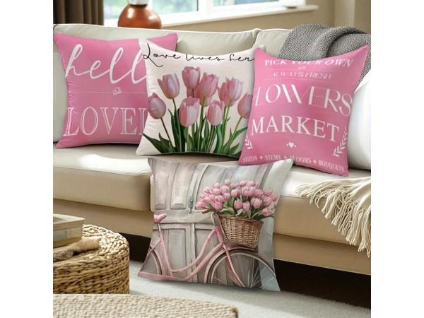 Set van 4 kussenhoezen tulp en fiets lichtroze groen 45x45cm