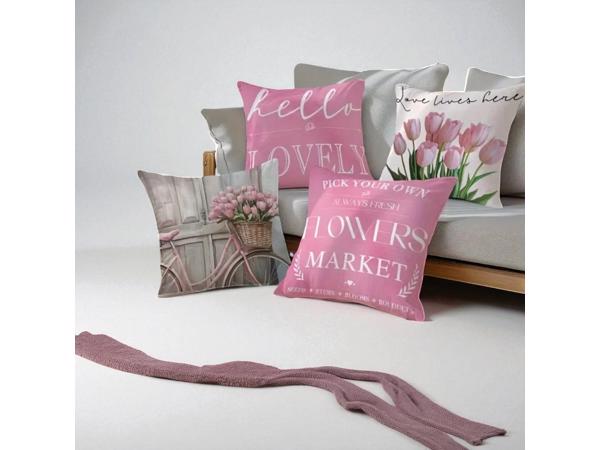 Set van 4 kussenhoezen tulp en fiets lichtroze groen 45x45cm
