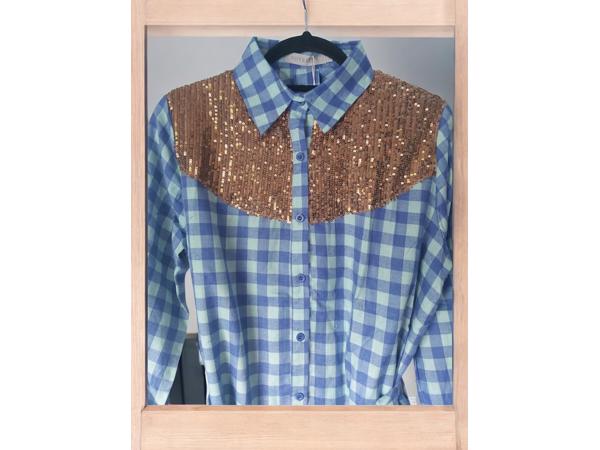 Voyelles geruite blouse glitter blauw L