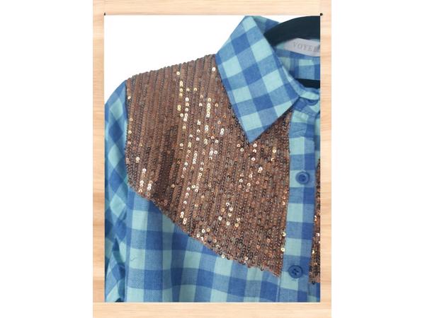 Voyelles geruite blouse glitter blauw L