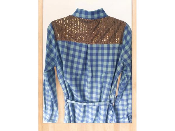 Voyelles geruite blouse glitter blauw L