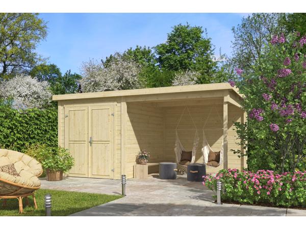 Blokhut met overkapping Finn 450x250 onbehandeld vuren