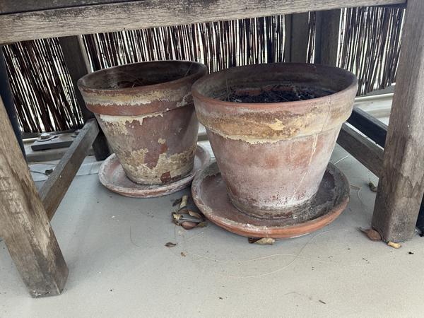 Tuinmeubilair (teak stoelen, potten en klimrekken)