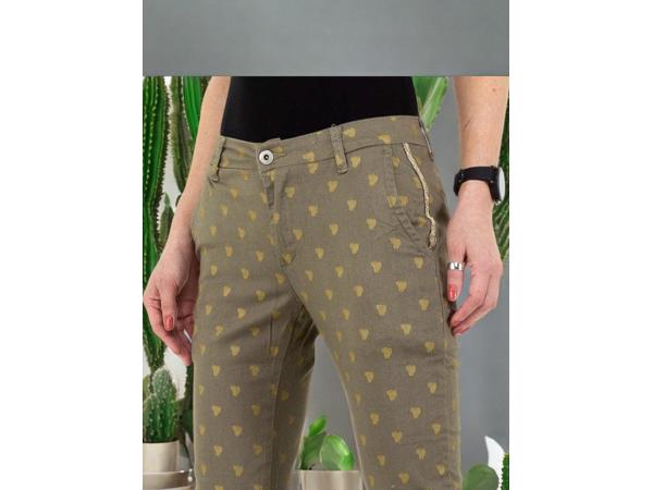 Place du Jour bedrukte broek met gouden cactus opdruk khaki