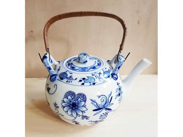 Vintage uienpatroon keramische theepot blauw en wit keramiek