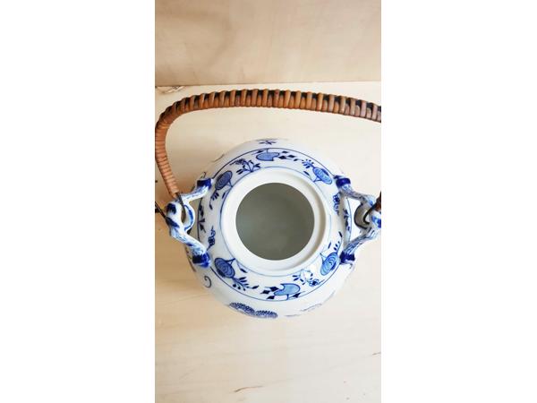 Vintage uienpatroon keramische theepot blauw en wit keramiek