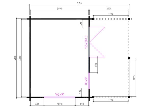 Tuinhuis-Blokhut 4x3+2: 440 x 340 x 265 (h) cm